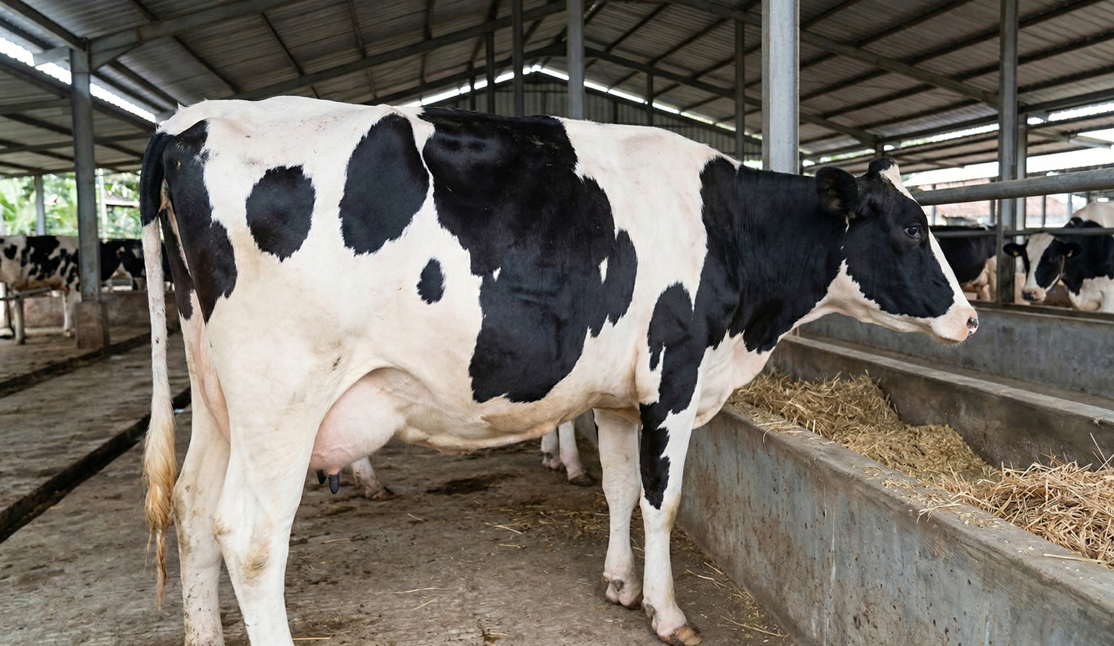 Seekor sapi perah Holstein hitam-putih di KAN Jabung berdiri di depan palungan berisi jerami, menggambarkan praktik manajemen serat kasar untuk mencegah kembung (bloat)