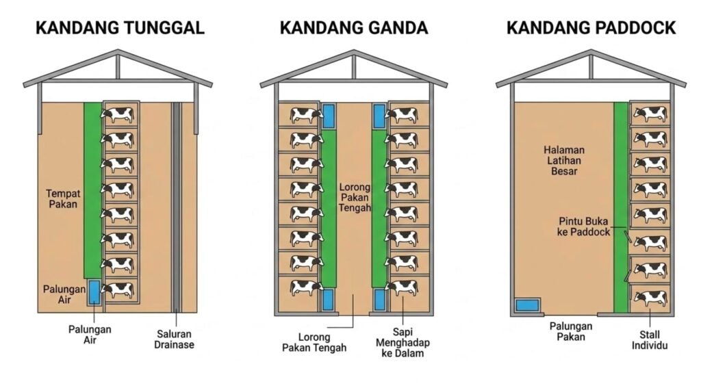 ilustrasi perbandingan jenis kandang sapi tunggal ganda dan paddock