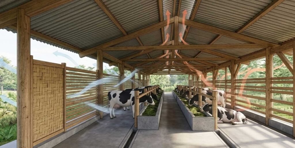 sistem ventilasi kandang sapi terbuka untuk iklim tropis Indonesia dengan sirkulasi udara