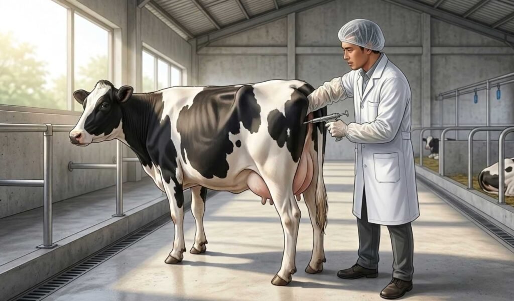 inseminator bersertifikat melakukan IB ulang metode rektovaginal pada sapi betina birahi