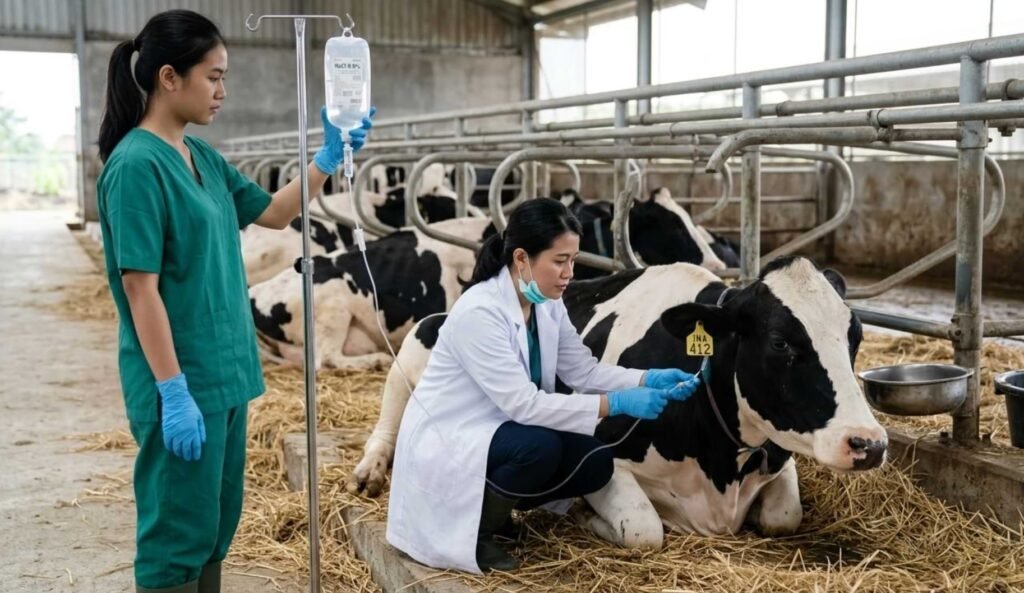 penanganan sapi tidak mau makan obat vitamin dan infus di kandang oleh dokter hewan