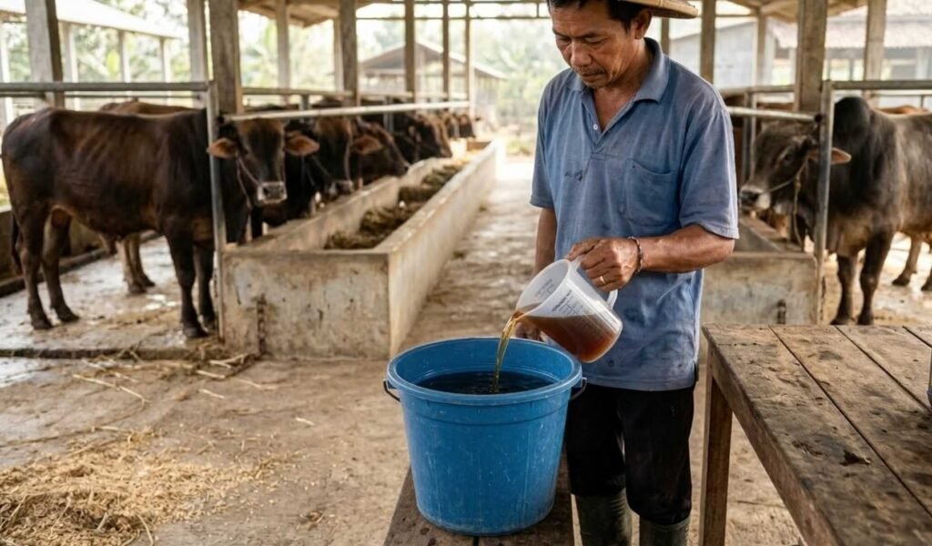 peternak memberi suplemen cair kepada sapi potong sesuai jadwal dosis