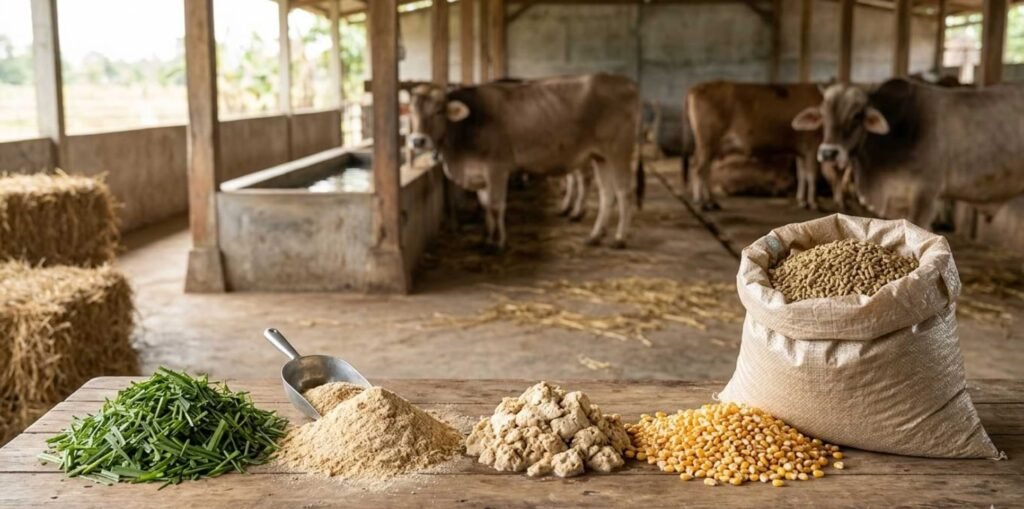 pakan konsentrat dan hijauan untuk penggemukan sapi potong di kandang