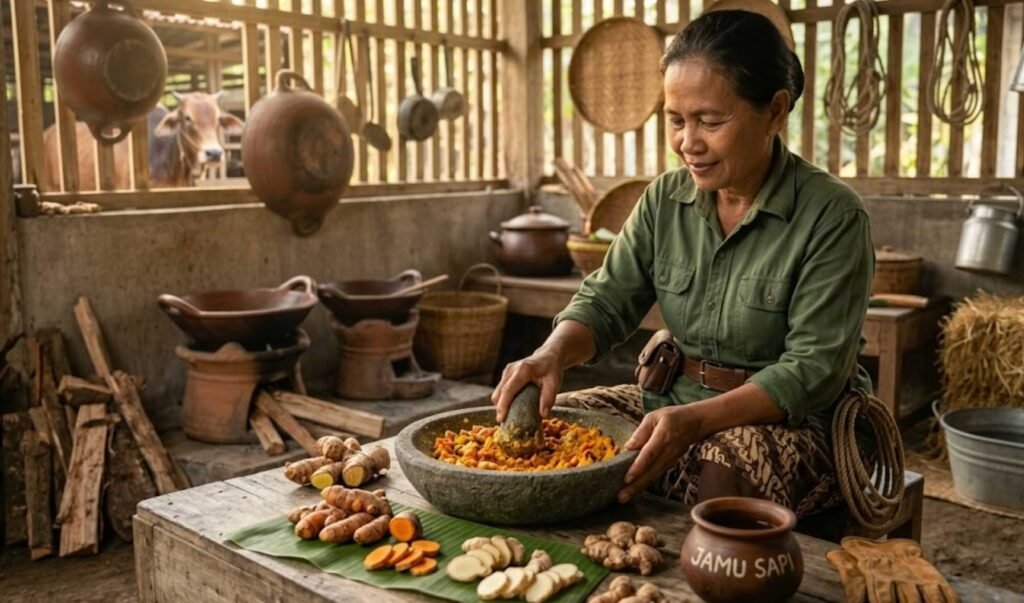 proses pembuatan ramuan jamu tradisional untuk sapi tidak nafsu makan
