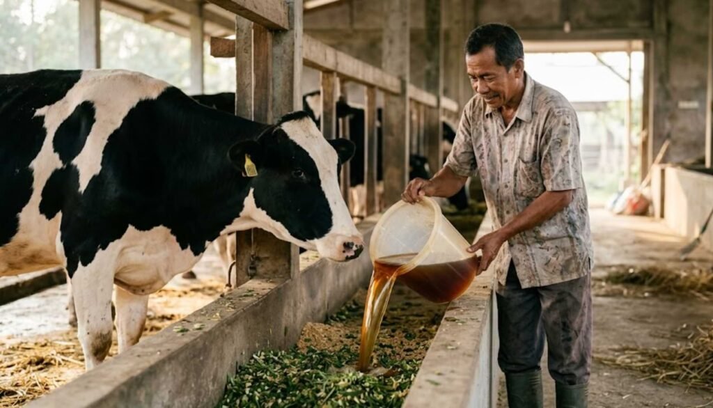 peternak memberikan jamu tradisional kepada sapi yang tidak nafsu makan