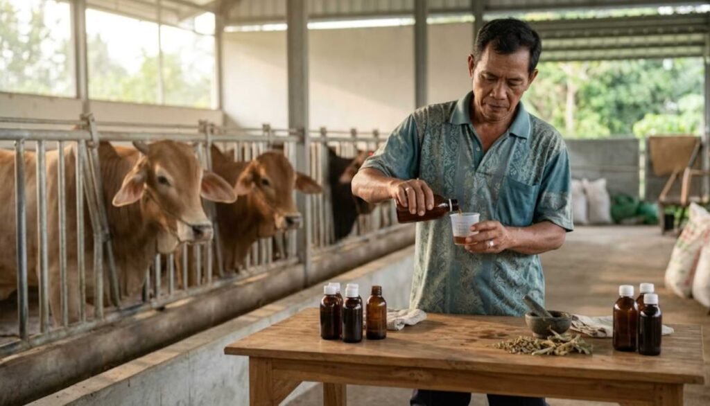 peternak mengukur dosis jamu penambah nafsu makan sapi sebelum diberikan ke ternak