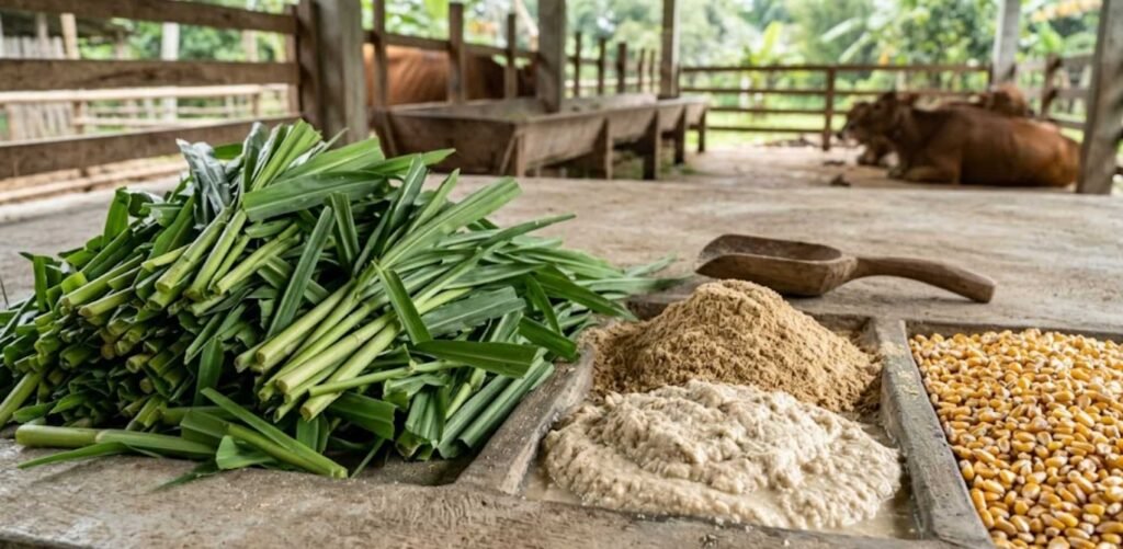 hijauan segar rumput gajah dan pakan lokal untuk penggemukan sapi secara alami