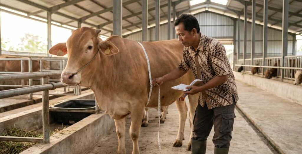 peternak mencatat bobot sapi monitoring pertambahan bobot badan harian penggemukan alami