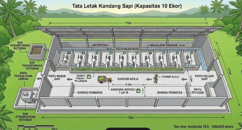 layout kandang sapi 10 ekor pembagian ruang individu lorong pakan selokan