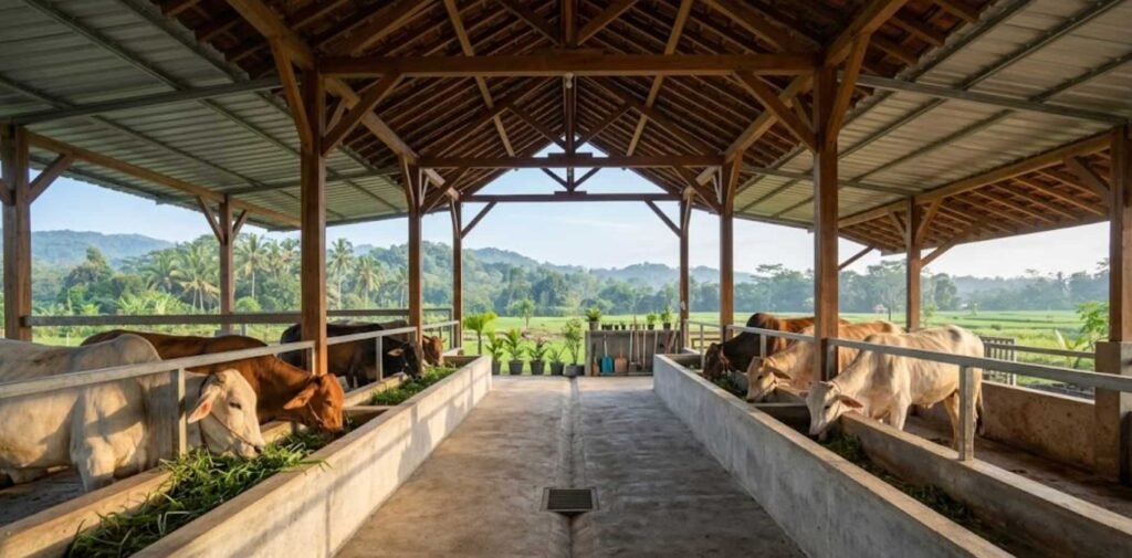 ventilasi kandang sapi terbuka sirkulasi udara baik konstruksi kayu dan semen