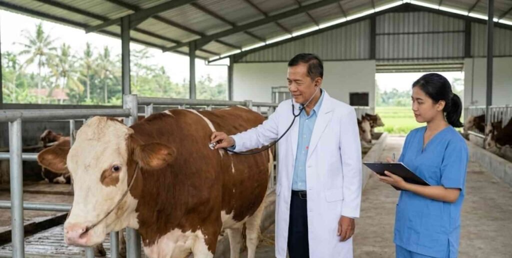 dokter hewan memeriksa sapi yang tidak mau makan kondisi serius