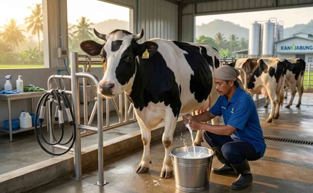 produksi susu sapi holstein per hari proses pemerahan di kandang modern
