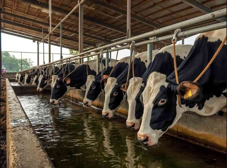 bak air minum sapi terisi penuh di kandang peternakan Indonesia