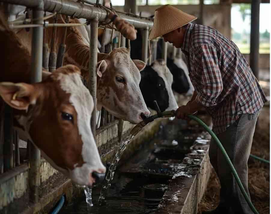 peternak mengisi bak air minum sapi di pagi hari sebelum pemberian pakan