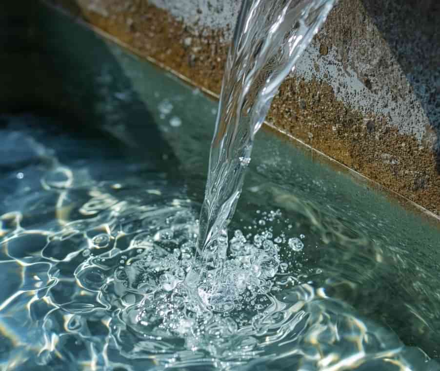 air bersih jernih mengalir ke bak minum ternak sapi yang bersih