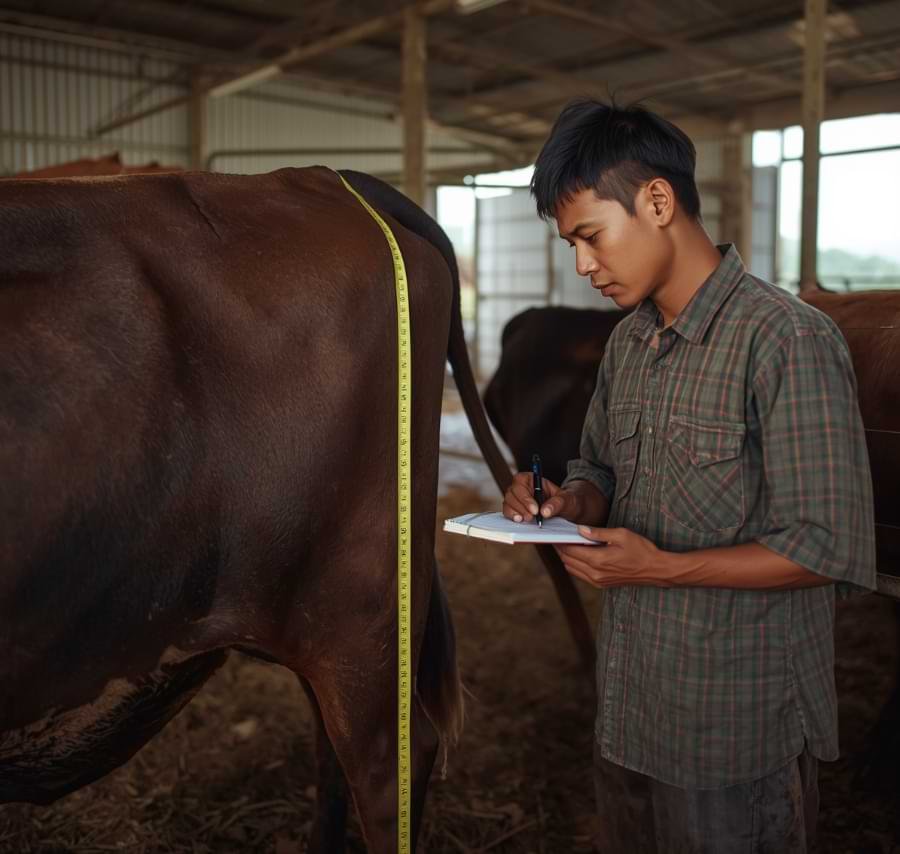 pengukuran bobot badan sapi dengan pita ukur untuk monitoring PBBH pertumbuhan