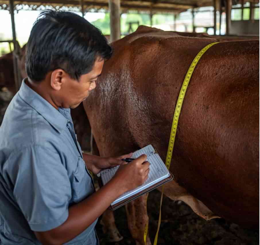 peternak mengukur lingkar dada sapi dengan pita ukur bobot badan untuk monitoring pertumbuhan