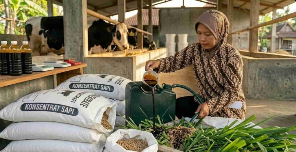 cara pemberian tetes tebu sapi disemprotkan ke hijauan pakan ternak yang benar