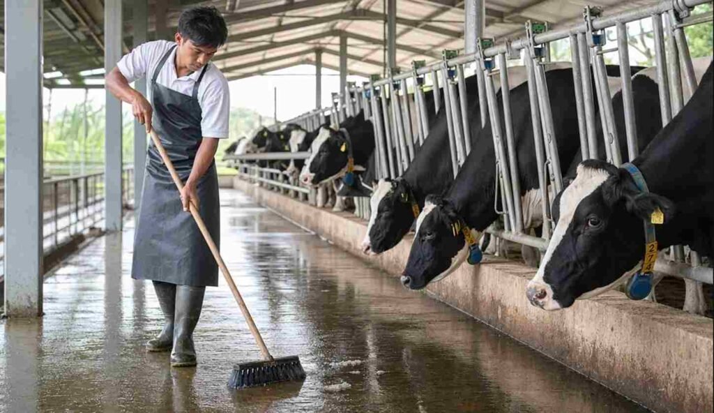 petugas membersihkan kandang sapi perah dengan sikat dan air di peternakan modern