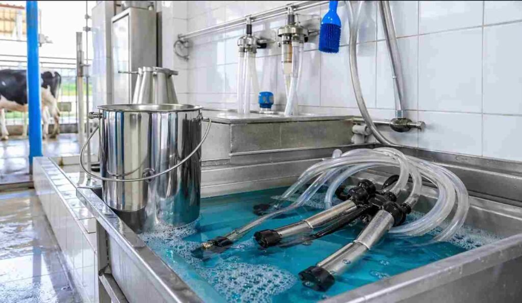 peralatan pemerahan sapi perah ember dan selang dicuci bersih untuk mencegah mastitis