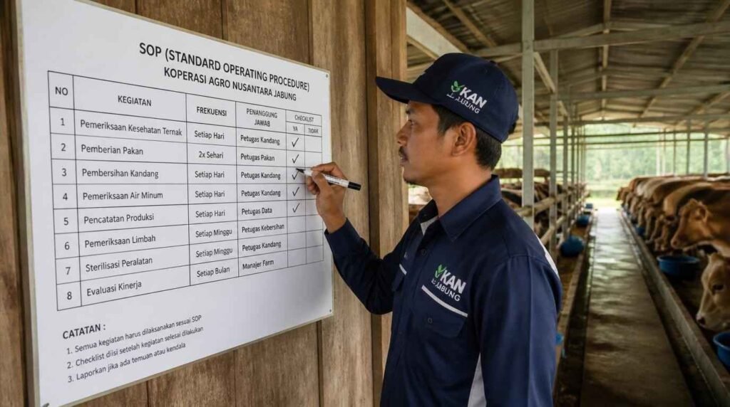 petani mencatat SOP pemberian pakan sapi di papan jadwal kandang Farm BSP KAN Jabung