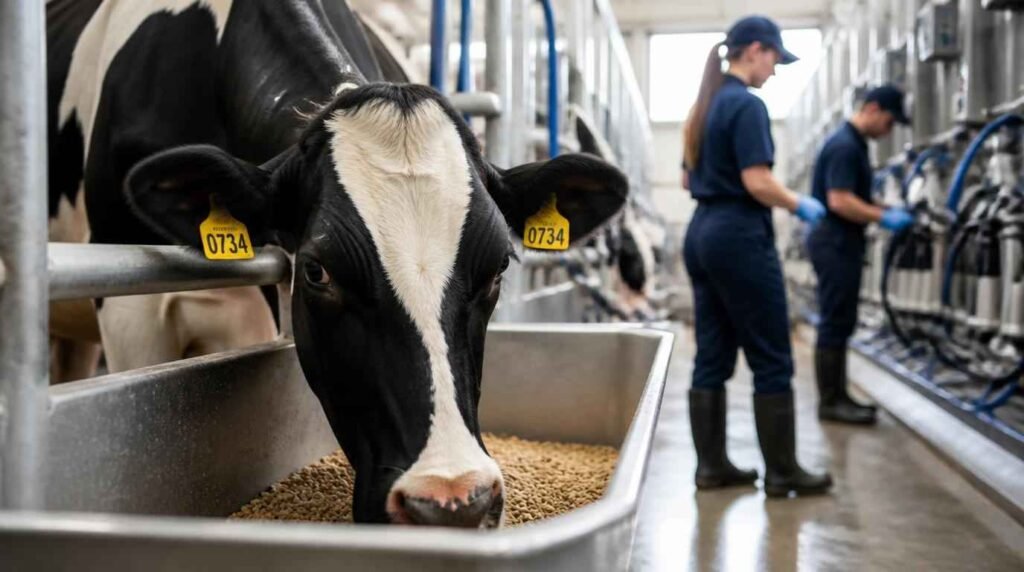 pemberian konsentrat sapi perah sebelum pemerahan pagi untuk merangsang produksi susu