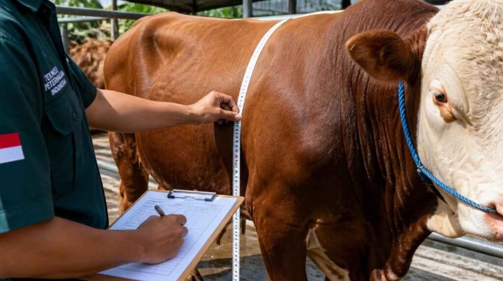 monitoring PBBH sapi penggemukan qurban dengan pita ukur bobot badan dan catatan harian