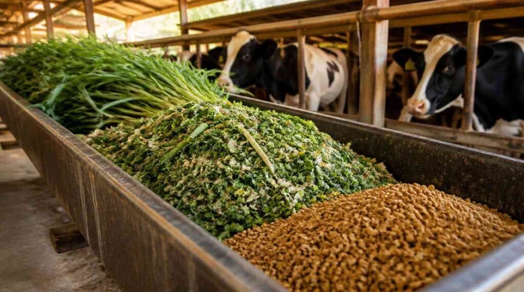 pakan berkualitas untuk sapi perah laktasi — hijauan segar dan konsentrat