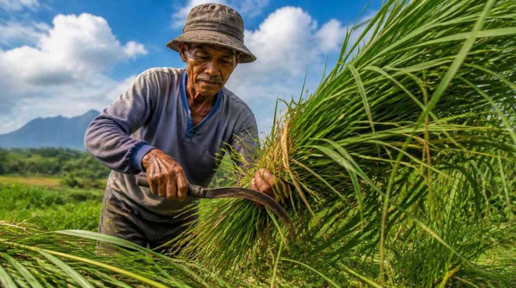 rumput pakchong dipanen untuk pakan sapi perah di kandang