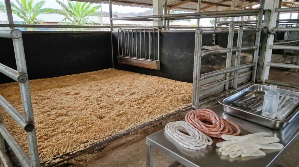 persiapan kandang dan peralatan kelahiran sapi perah yang bersih dan steril