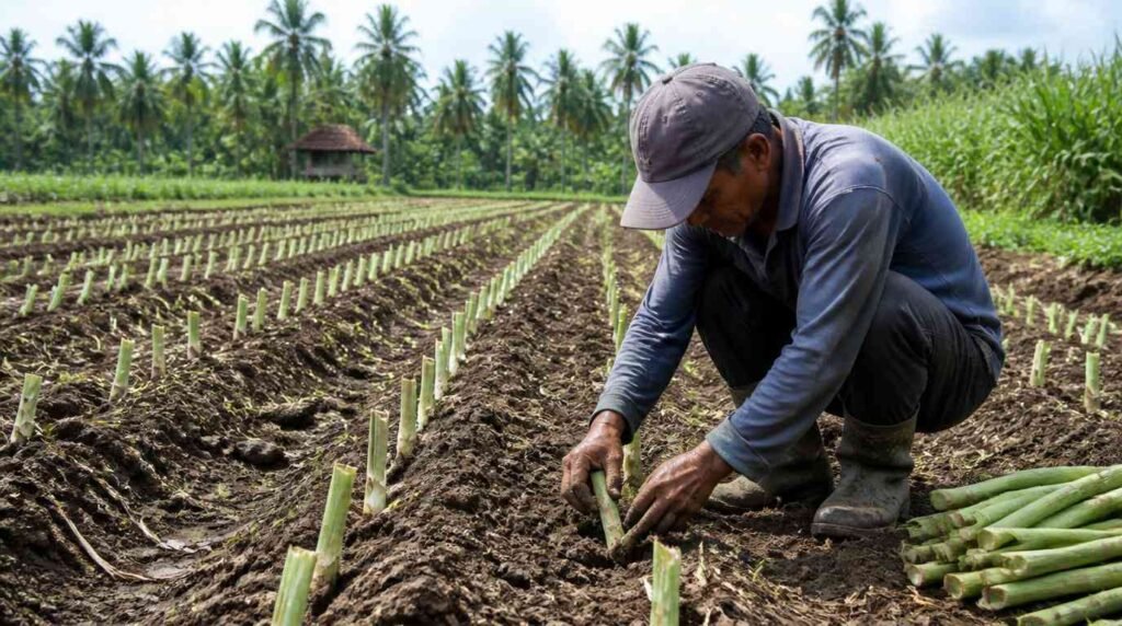 cara tanam rumput odot dengan stek batang di lahan terbuka