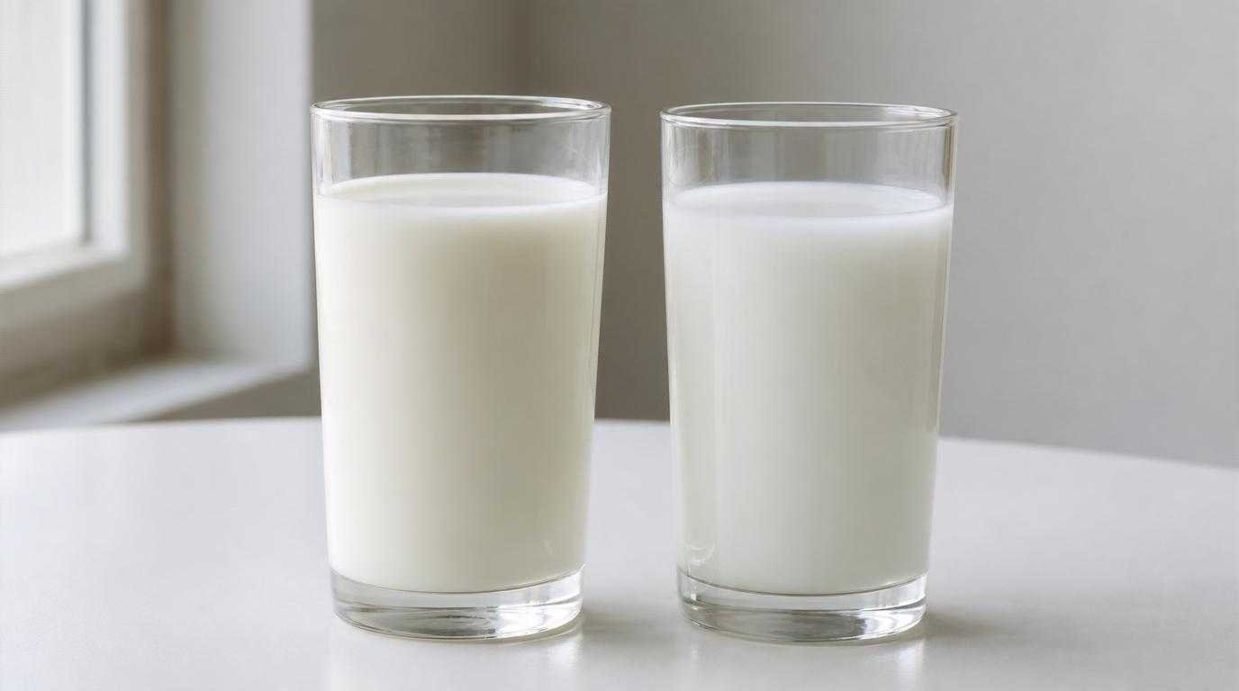 perbedaan susu full cream dan skim dalam dua gelas berdampingan