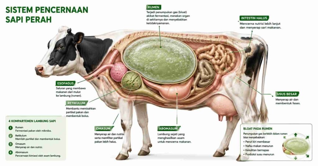 Ilustrasi kaitan antara kembung rumen dan hilangnya nafsu makan pada sapi perah