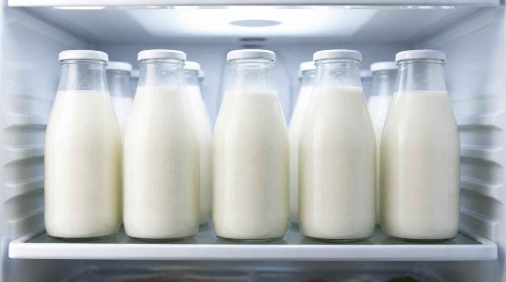 Susu kambing pasteurisasi disimpan dalam botol kaca kedap udara di lemari pendingin