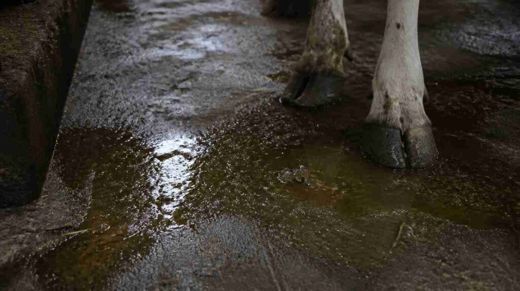 Lantai kandang sapi yang rata dan becek akibat drainase buruk karena kemiringan tidak memadai