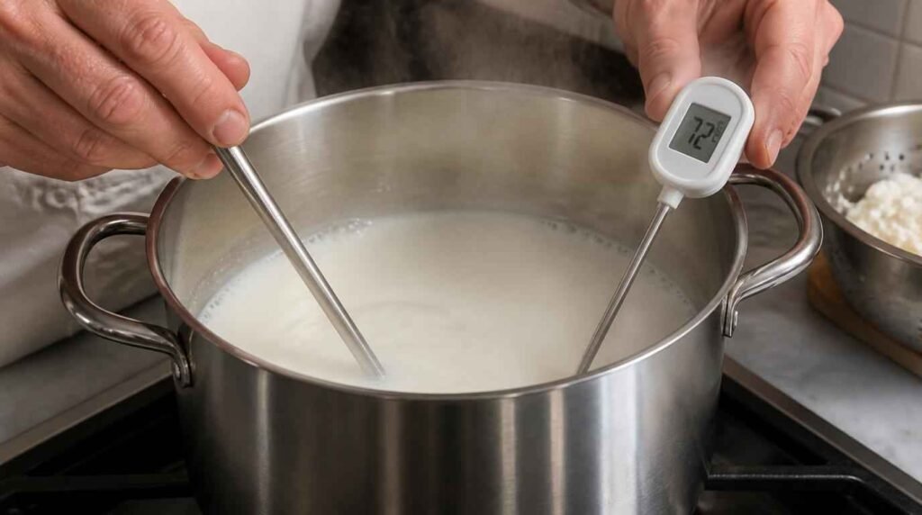 Langkah pasteurisasi susu kambing metode HTST: pemanasan susu di panci sambil diaduk dengan termometer