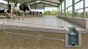 Lantai kandang sapi perah dengan sudut kemiringan ideal untuk drainase dan kebersihan optimal