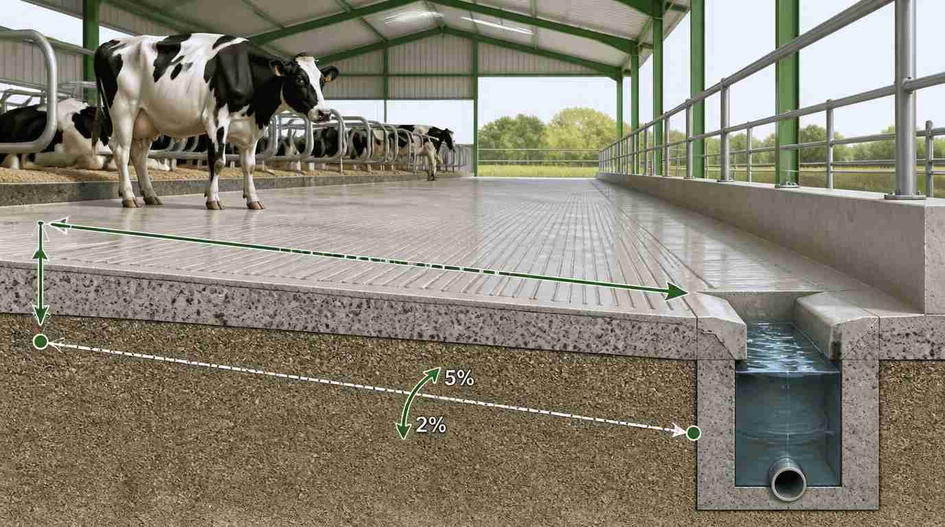 Lantai kandang sapi perah dengan sudut kemiringan ideal untuk drainase dan kebersihan optimal