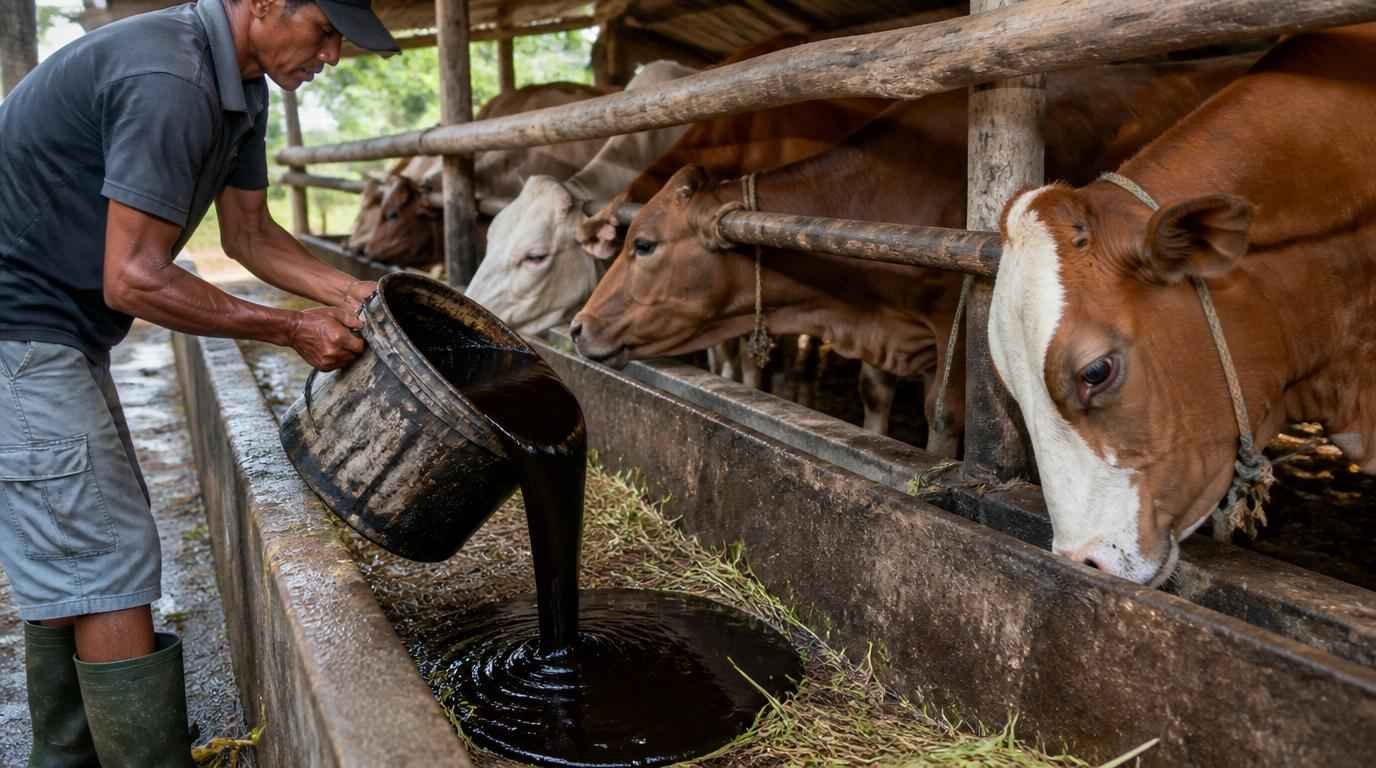 Tetes tebu molases cokelat kental dalam ember untuk campuran pakan sapi