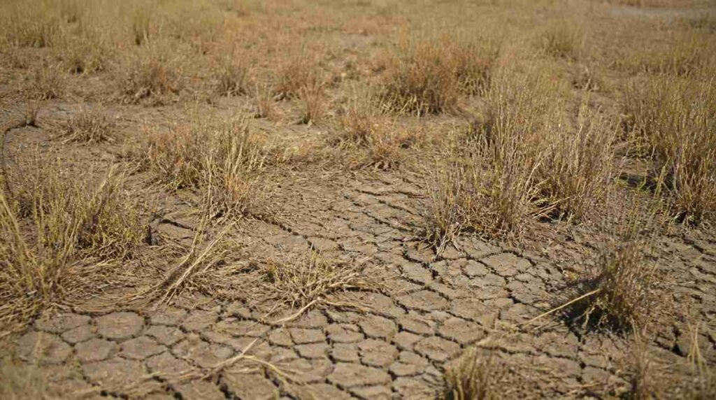 Lahan rumput kering dan menguning saat musim kemarau yang mengancam ketersediaan pakan sapi