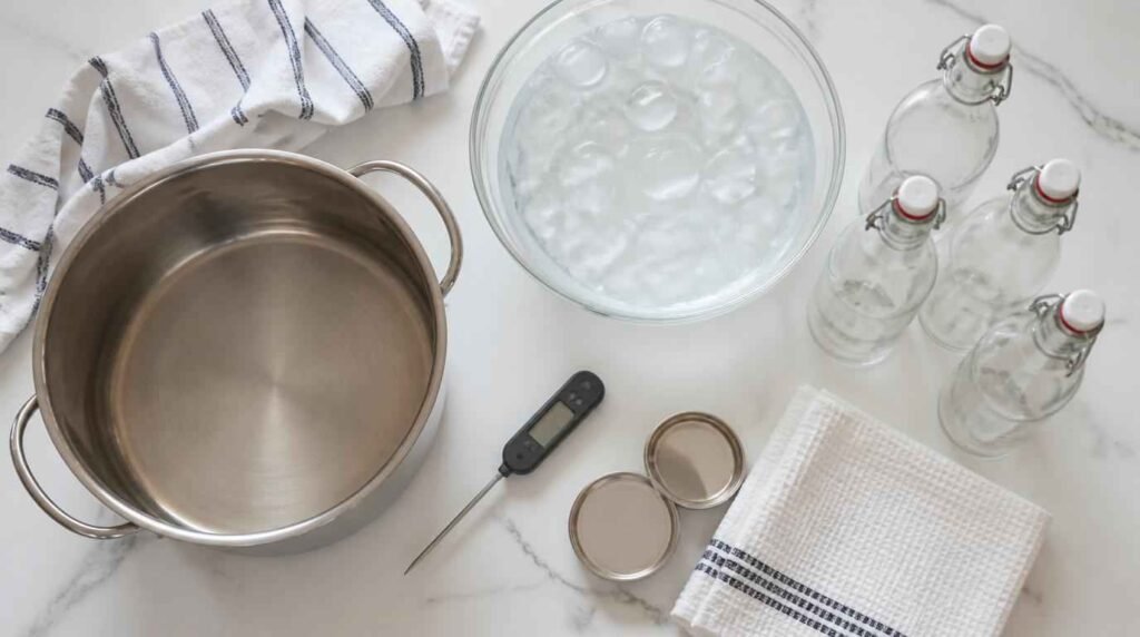 Peralatan pasteurisasi susu kambing skala rumah tangga: panci stainless, termometer, baskom es