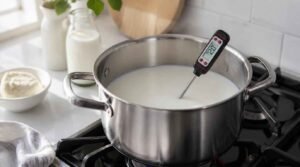 Proses pasteurisasi susu kambing segar menggunakan panci stainless steel dan termometer dapur