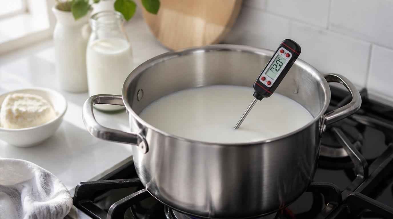 Proses pasteurisasi susu kambing segar menggunakan panci stainless steel dan termometer dapur