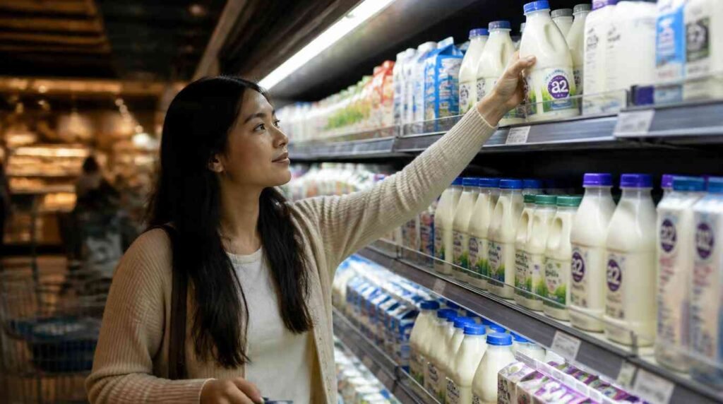 Konsumen memilih produk susu A2 di rak supermarket menunjukkan tren permintaan yang terus meningkat