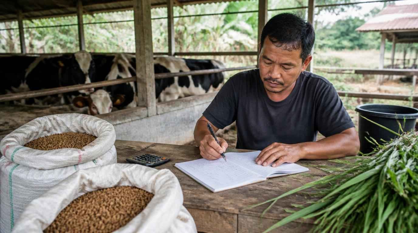 Peternak menghitung biaya pakan sapi konsentrat dan hijauan di kandang