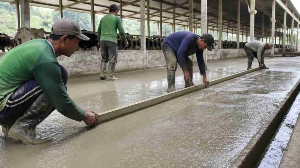 Proses perbaikan kemiringan lantai kandang sapi dengan penambahan lapisan beton tipis screed