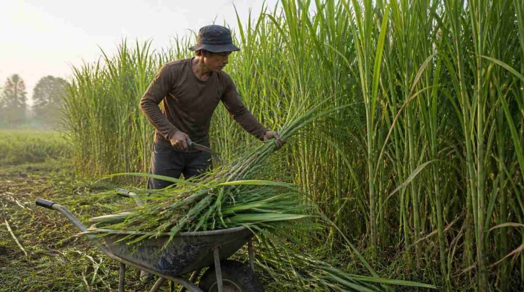 Peternak memanen rumput pakchong segar untuk pakan sapi perah di kandang KAN Jabung