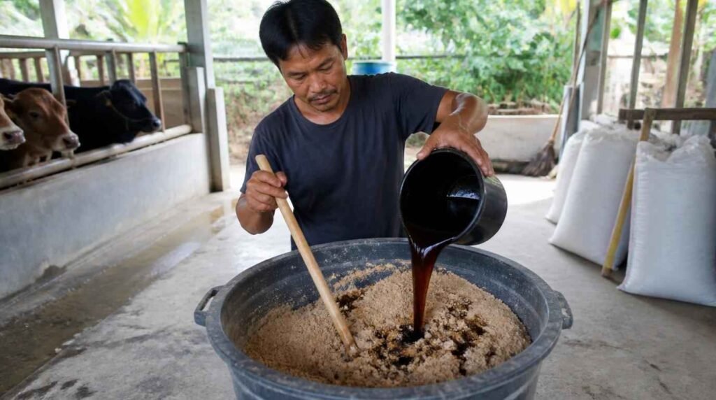 Peternak mencampurkan tetes tebu molases dengan konsentrat pakan sapi perah