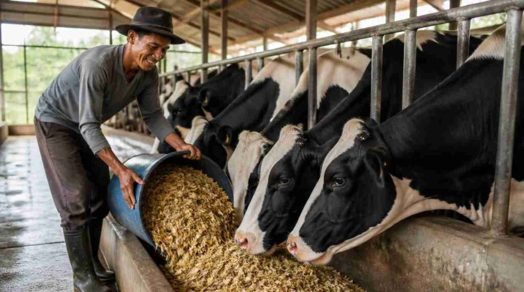 Peternak memberikan silase tebon jagung pada sapi perah laktasi di kandang KAN Jabung