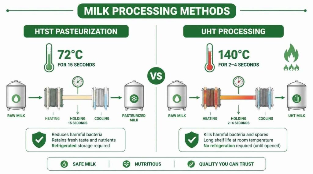 Ilustrasi proses pasteurisasi suhu rendah dibandingkan proses UHT suhu ultra tinggi pada susu sapi